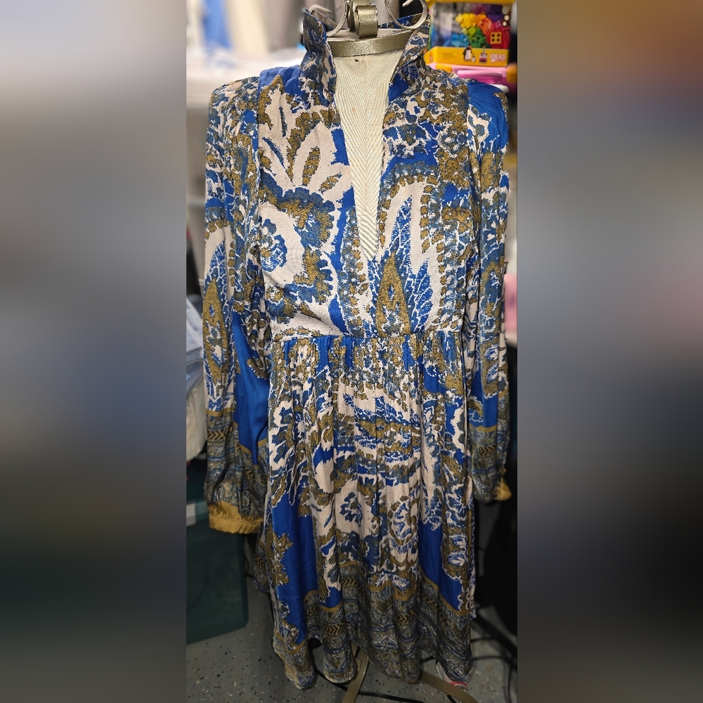 Free People Blue and Gold Patterned Mini Dress XS